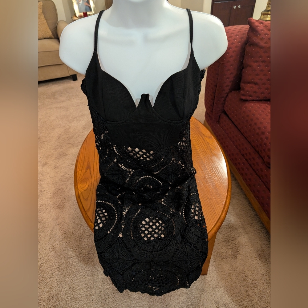 J Lux Label Black Lace Spaghetti Strap Plunge Dress, Size M - NEW